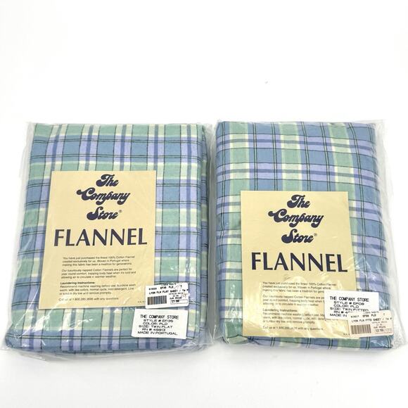 The Company Store Twin Flat & Fitted Cotton Flannel Sheet Set Blue Green Plaid - Picture 1 of 5